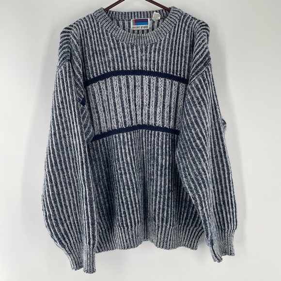 VTG Sweater Graphix Navy Light Blue Ribbed Knit 80s-90s Crewneck Grandpa… - Picture 6 of 13